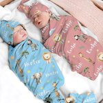 Personalised Jungle Safari Animal Swaddle Blanket and Hat Set with Name Birthday Baby Shower Gift for Newborn Kids