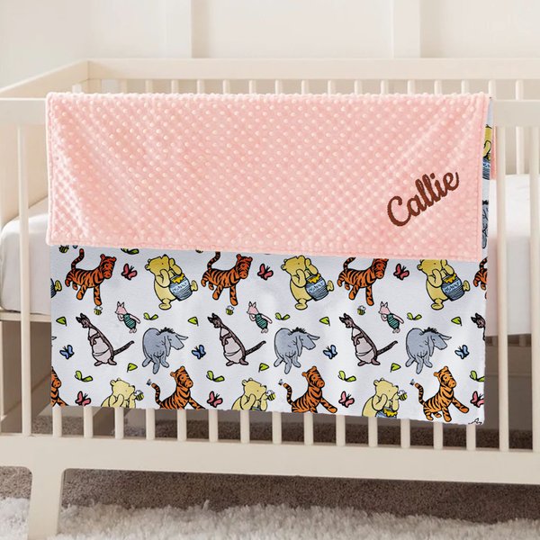 Personalized Cute Classic Winnie the Pooh Soft Baby Security Blanket with Dotted Backing and Embroidery Name Baby Shower Birthday Gift for Boys Girls