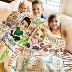 Manta suave personalizada con personaje de dibujos animados y nube de palabras colorida para el hogar y regalo de cumpleaños para niños y familia