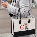 Personalised Cartoon Character Butterfly Canvas Tote Bag with Initial and Name Retirement Birthday Gift for Grandma Mom Senior Woman
