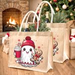 Personalized Cute Christmas Ghost Reusable Jute Tote Bag with Name Christmas Funny Gift for Family Friend