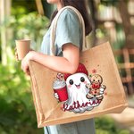 Personalized Cute Christmas Ghost Reusable Jute Tote Bag with Name Christmas Funny Gift for Family Friend