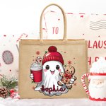 Personalized Cute Christmas Ghost Reusable Jute Tote Bag with Name Christmas Funny Gift for Family Friend