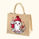 Personalized Cute Christmas Ghost Reusable Jute Tote Bag with Name Christmas Funny Gift for Family Friend