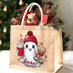 Personalized Cute Christmas Ghost Reusable Jute Tote Bag with Name Christmas Funny Gift for Family Friend