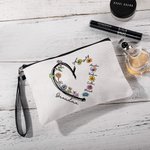 Personalized Heart Birth Flower Linen Makeup Bag with Wrist Strap and 1 - 6 Names Birthday Mother's Day Travel Accessories Gift for Mom Grandma