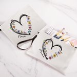 Personalized Heart Birth Flower Linen Makeup Bag with Wrist Strap and 1 - 6 Names Birthday Mother's Day Travel Accessories Gift for Mom Grandma