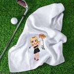 Personalized Birth Flower Cartoon Character Absorbent Waffle Golf Towel with Name And Hanging Clip Sports Accessories Gift for Golf Player