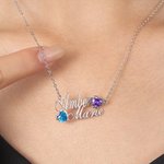 Collier Personnalisé avec Noms et Pierres de Naissance en Forme de Cœur Pendentif Style de Deux Noms Cadeau Anniversaire Noël pour Femme
