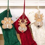 Personalized Reindeer Paw Print Wooden Stocking Name Tag Ornament Christmas Tree Decor Holiday Party Gift for Family Kids