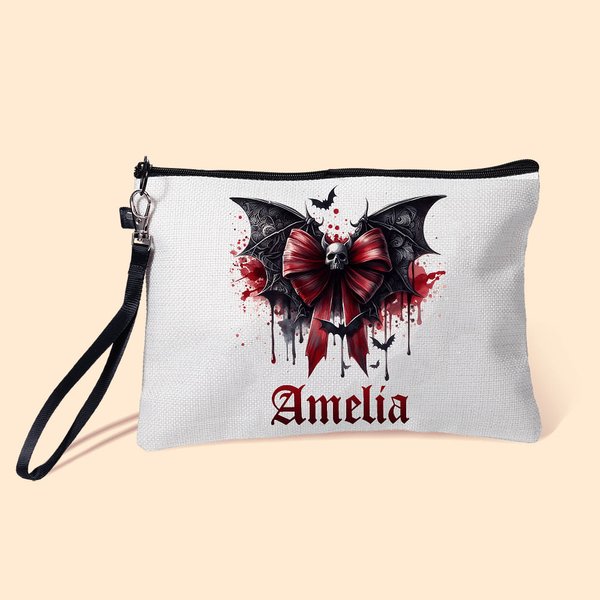 Personalised Gothic Dripping Font Skull Bat Bow Makeup Bag with Name and Wrist Strap Travel Accessory Halloween Gift for Women Gothic Lover