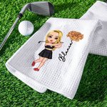 Personalized Birth Flower Cartoon Character Absorbent Waffle Golf Towel with Name And Hanging Clip Sports Accessories Gift for Golf Player