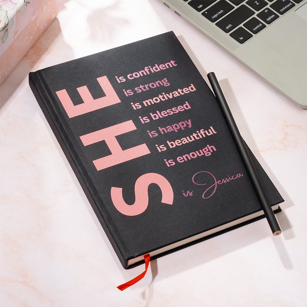 Personalised She Is Me Self Care A5 Name Journal Hardcover Notebook with 120 Lined Pages & Free Pencil Inspiring Birthday Affirmation Gift for Women