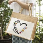 Sac Cabas Toile de Jute Réutilisable Personnalisé avec 1-6 Noms Fleurs de Naissance et Titre Cadeau Anniversaire pour Grand-Mère Maman