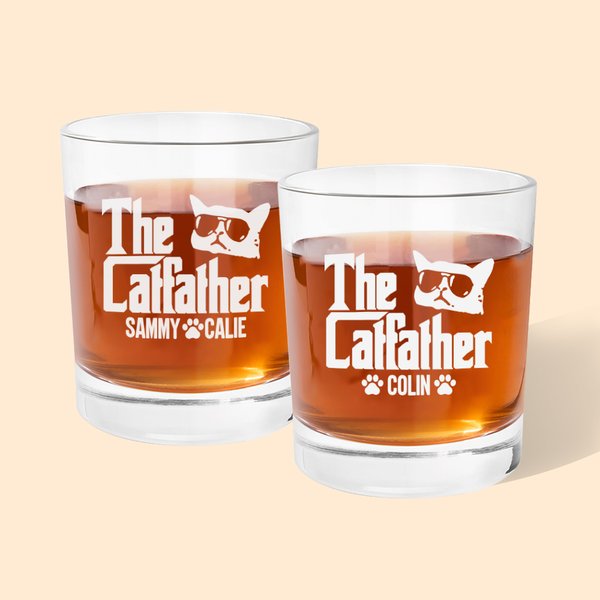 Vaso de whisky personalizado con el nombre del padre del gato 10 oz grabado Old Fashioned Whiskey Rocks Glass Funny Birthday Gift for Men Cat Owners