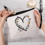 Personalized Heart Birth Flower Linen Makeup Bag with Wrist Strap and 1 - 6 Names Birthday Mother's Day Travel Accessories Gift for Mom Grandma