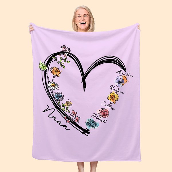 Cuore personalizzato 1-6 Fiori di nascita acquerellati Coperta morbida con nomi Regalo di Natale e compleanno per mamma nonna