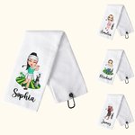 Personalised Colourful Male Female Cartoon Characters Quick Dry Waffle Towel with Name Golf Course Sports Accessories Gift for Golf Lovers