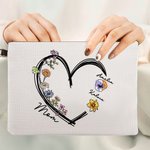Personalized Heart Birth Flower Linen Makeup Bag with Wrist Strap and 1 - 6 Names Birthday Mother's Day Travel Accessories Gift for Mom Grandma