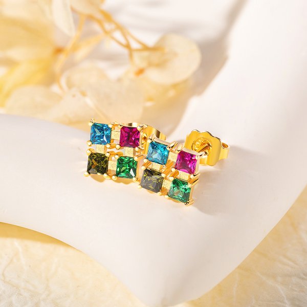 Personalizado Exquisito 1 - 4 Familia Cuadrado Birthstones Stud Pendientes Navidad Día de la Madre Regalo para Mamá Abuela