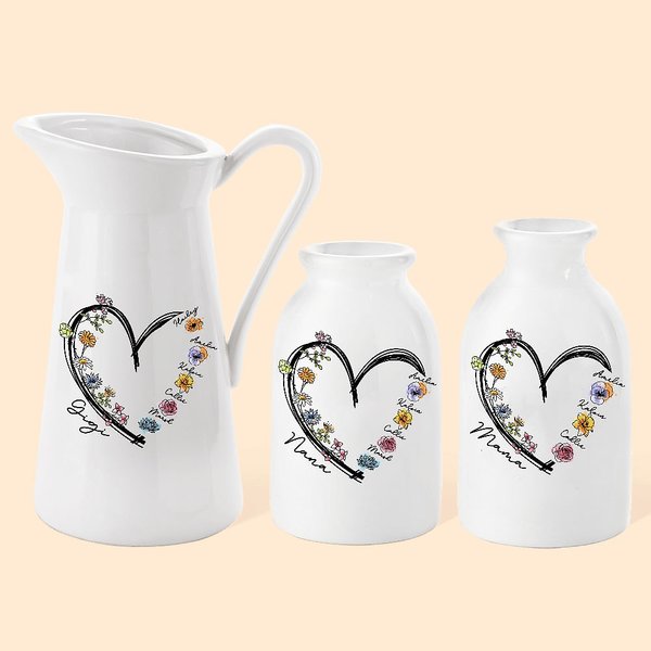 Spersonalizowany wazon ceramiczny Cute Heart Watercolor Birth Flower z 1-6 imionami Dekoracja domu Urodziny Dzień Matki Prezent dla Mamy Babci