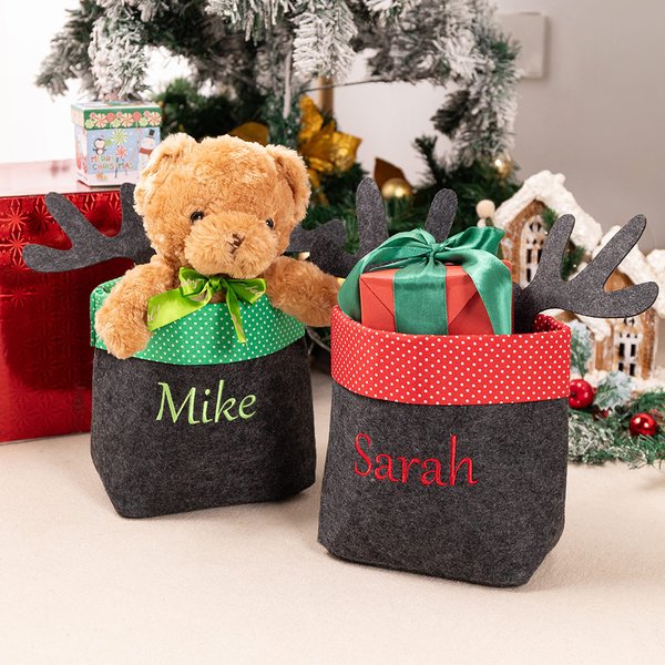 Personalised Reindeer Antlers Polka Dot Collapsible Felt Storage Basket with Embroidery Name for Candies Toys Christmas Decor Gift for Boys Girls