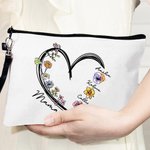 Personalized Heart Birth Flower Linen Makeup Bag with Wrist Strap and 1 - 6 Names Birthday Mother's Day Travel Accessories Gift for Mom Grandma