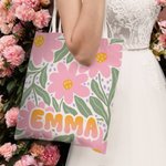 Personalisierte Bunte-Blumen Große Canvas Tragetasche mit Namen Alltag Urlaub Geburtstag Jahrestag Geschenk für Damen Mädchen