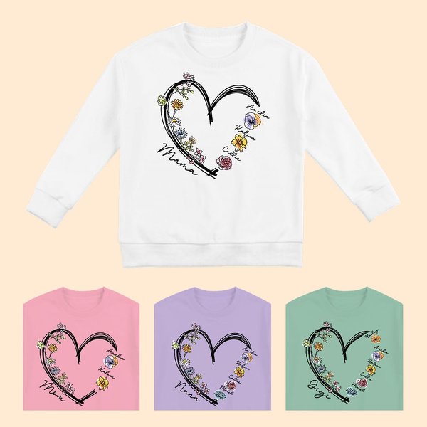 Spersonalizowana bluza rozpinana Heart Birth Flower z 1 - 6 imionami Urodziny Dzień Matki Boże Narodzenie Prezent dla mamy babci