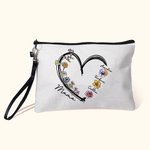 Personalized Heart Birth Flower Linen Makeup Bag with Wrist Strap and 1 - 6 Names Birthday Mother's Day Travel Accessories Gift for Mom Grandma