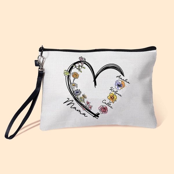 Personalized Heart Birth Flower Linen Makeup Bag with Wrist Strap and 1 - 6 Names Birthday Mother's Day Travel Accessories Gift for Mom Grandma