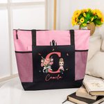Personalised Birth Flower Cartoon Character Initial Large Resuable Tote Bag with Name Birthday  Christmas Gift for Women