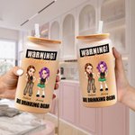 Personalised Y2K Style Cartoon Character 20oz Name Glass Tumbler with Bamboo Lid and Straw Birthday Anniversary Gift for Women Girl