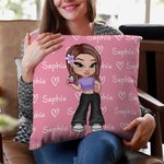 Personalisierter Kissenbezug mit Y2K Modischer Cartoon-Mädchen-Figur Namen Herzen Haus Deko Geburtstag Weihnachten Freundschaft Geschenk für Damen