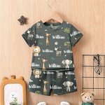 Pyjama Doux Personnalisé avec Nom Thème des Animaux Safari Set de T-shirt Short Multicolore Cadeau Anniversaire Noël pour Enfants Garçons Filles