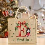 Personalisierte Cartoon-Charakter Weihnachtsschleife Tragetasche mit Namen Initiale Jute-Tasche Tote Bag Weihnachtsgeschenk für Familie Freunde