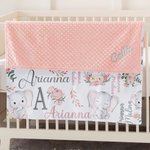 Personalized Cute Floral Elephant Initial Name Baby Security Blanket with Dotted Backing and Embroidery Text Birthday Baby Shower Gift for Boys Girls