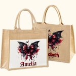 Personalizzato Gotico Teschio Sanguinante Pipistrello Fiocco Grande Capacità Borsa Tote di Juta con Nome Spaventoso Regalo di Halloween per Donne Amanti del Gotico