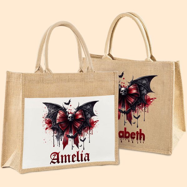 Personalizzato Gotico Teschio Sanguinante Pipistrello Fiocco Grande Capacità Borsa Tote di Juta con Nome Spaventoso Regalo di Halloween per Donne Amanti del Gotico