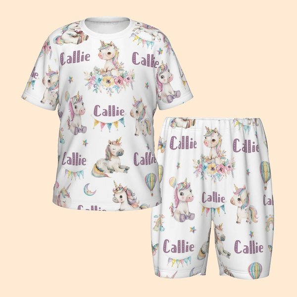 Pijama infantil personalizado de acuarela con fantasía de unicornio Suave Conjunto de camiseta y pantalón corto con nombre Multicolor Cumpleaños Regal