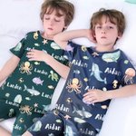 Pyjama pour enfant personnalisé avec nom en aquarelle Animaux marins T-shirt short Multicolore Anniversaire Noël Cadeau pour Garçons Filles