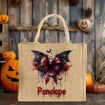 Personalizzato Gotico Teschio Sanguinante Pipistrello Fiocco Grande Capacità Borsa Tote di Juta con Nome Spaventoso Regalo di Halloween per Donne Amanti del Gotico