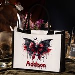 Cráneo gótico personalizado Bloody Bat Bow Bolsa de lona grande con nombre y forro impermeable Regalo de Halloween para las mujeres Gothic Lover