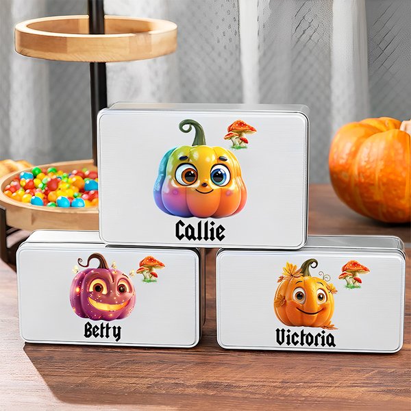 Personalizzato Cute Cartoon Pumpkin Mushroom Candy Cookie Biscuit Storage Tin con coperchio e nome Dolcetto o scherzetto Halloween Party Gift for Kids