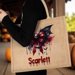 Personalizzato Gotico Teschio Sanguinante Pipistrello Fiocco Grande Capacità Borsa Tote di Juta con Nome Spaventoso Regalo di Halloween per Donne Amanti del Gotico