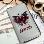 Personifierad Gothic Dripping Font Skull Bat Bow PU läderplånbok med namn Halloween Födelsedagspresent för kvinnor Gothic Lover