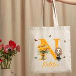 Sac en Toile Personnalisée avec Personnage Fleur de Naissance Initiale Nom Grande Capacité Cadeau Noël Anniversaire pour Femme Fille