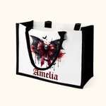 Cráneo gótico personalizado Bloody Bat Bow Bolsa de lona grande con nombre y forro impermeable Regalo de Halloween para las mujeres Gothic Lover