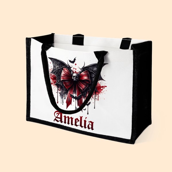 Cráneo gótico personalizado Bloody Bat Bow Bolsa de lona grande con nombre y forro impermeable Regalo de Halloween para las mujeres Gothic Lover
