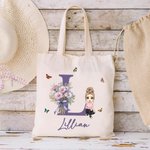 Sac en Toile Personnalisée avec Personnage Fleur de Naissance Initiale Nom Grande Capacité Cadeau Noël Anniversaire pour Femme Fille